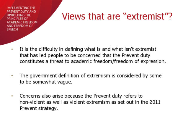 The training material acknowledges that the government's definition of extremism is considered "somewhat vague" 