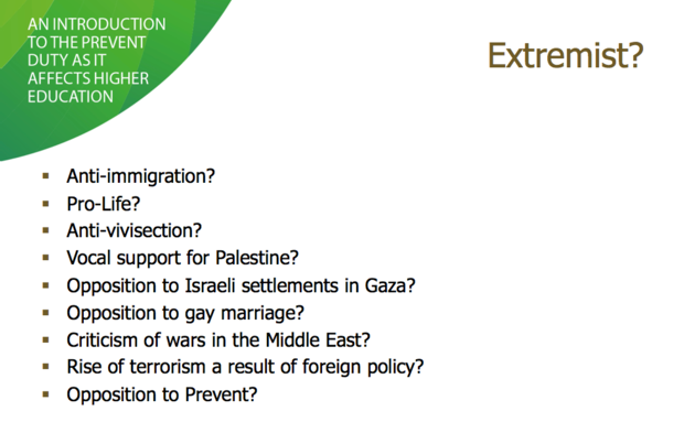 The presentation states: 'Holding these views may be legitimate provided they are not expressed or furthered by statements, deeds or actions which result in the harassment, intimidation or threats of violence against individuals or society itself' 