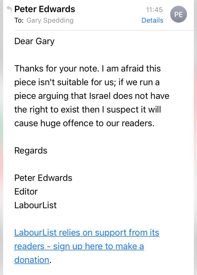 Labour List rejectionof Gary Spedding's article on te gorunds 'it may give offence'