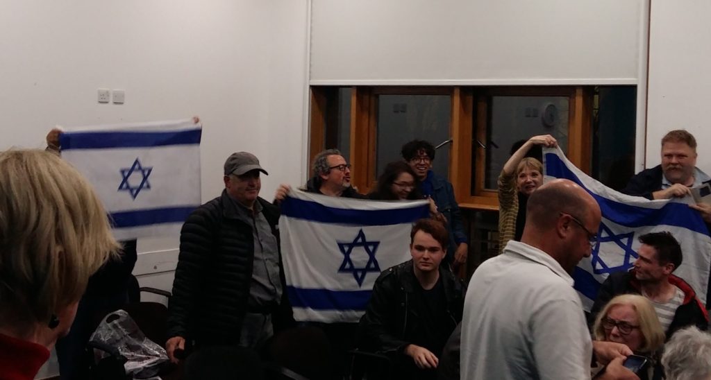 Some of the Zionists who disrupted the meeting “We’re just Jews calling other Jews kapos”, Disruptors at a Free Speech on Israel meeting at SOAS on November 14. 