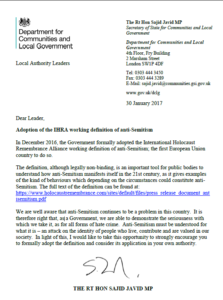 Sajid Javid's letter to Local Authorities urging IHRA adoption