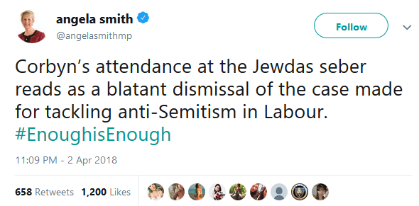 Angela Smiiht's tweet about Corbyn attending Jewdas seber (sic)