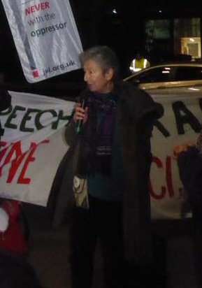 Naomi Wimborne-Idrissi addressing the lobby outside Tower Hamlet Town Hall